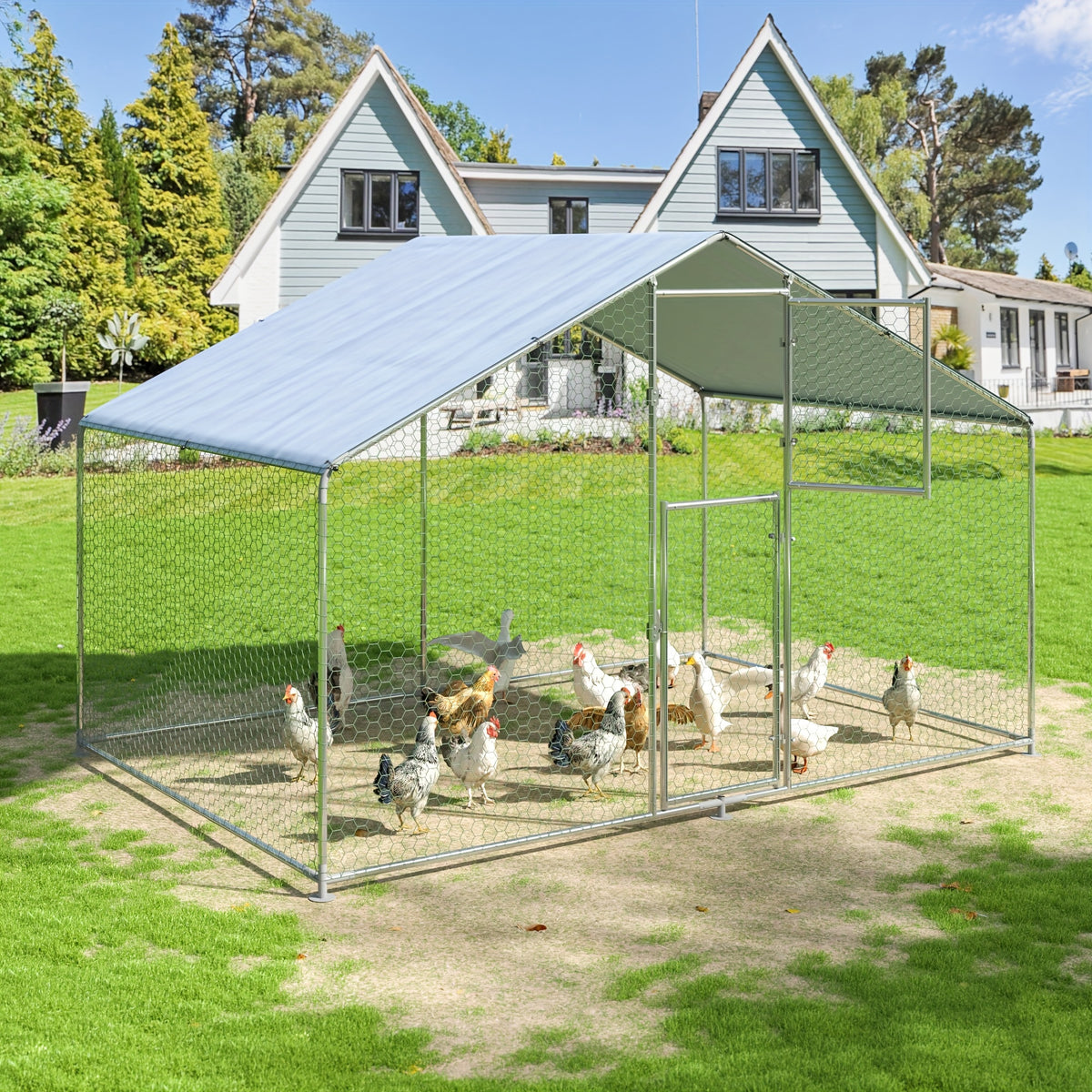 Outdoor Chicken Coop with Double Doors and UV Protection Cover, Large Metal Walk-In Poultry Run for Backyard Hens, Five Size Options
