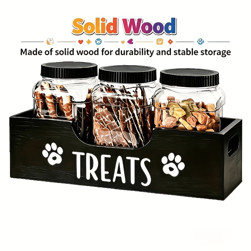 Pet Treat Jar Organizer with Paw Print Pattern, Farmhouse Countertop Holder for 3 Jars, Faux Wood Look in Black or White for Dog Owners