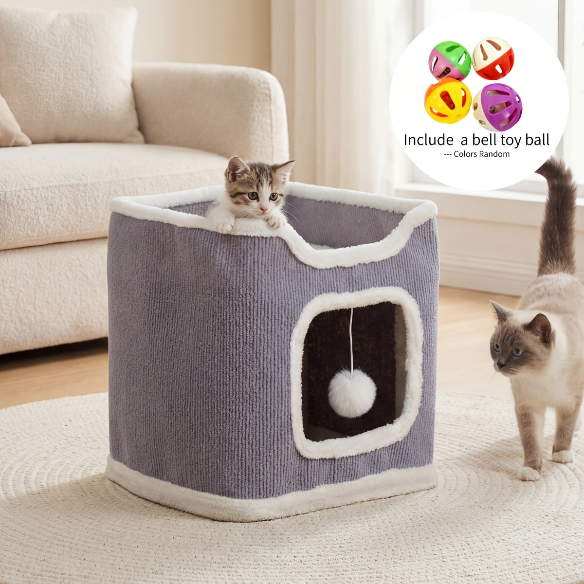Cat Condo Cube Tower for Indoor Cats, Space-Saving Cat House Bed with Hanging Plush Ball, One to Three Stories in Beige, Coffee or Light Gray
