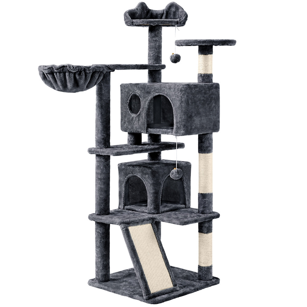 Cat Tree 57 Inch with Two Condos, Plush Multi-Level Indoor Kitten Tower with Round Platform, Ladder and Dangling Ball for Small Cats