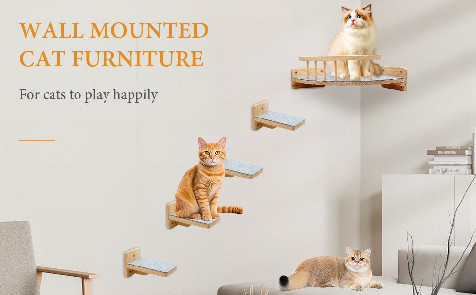 Corner Cat Shelves with 4 Climbing Steps, 13 x 13 Inch Wall-Mounted Wooden Cat Bed with 6 Felt Pads for Small and Medium Indoor Cats