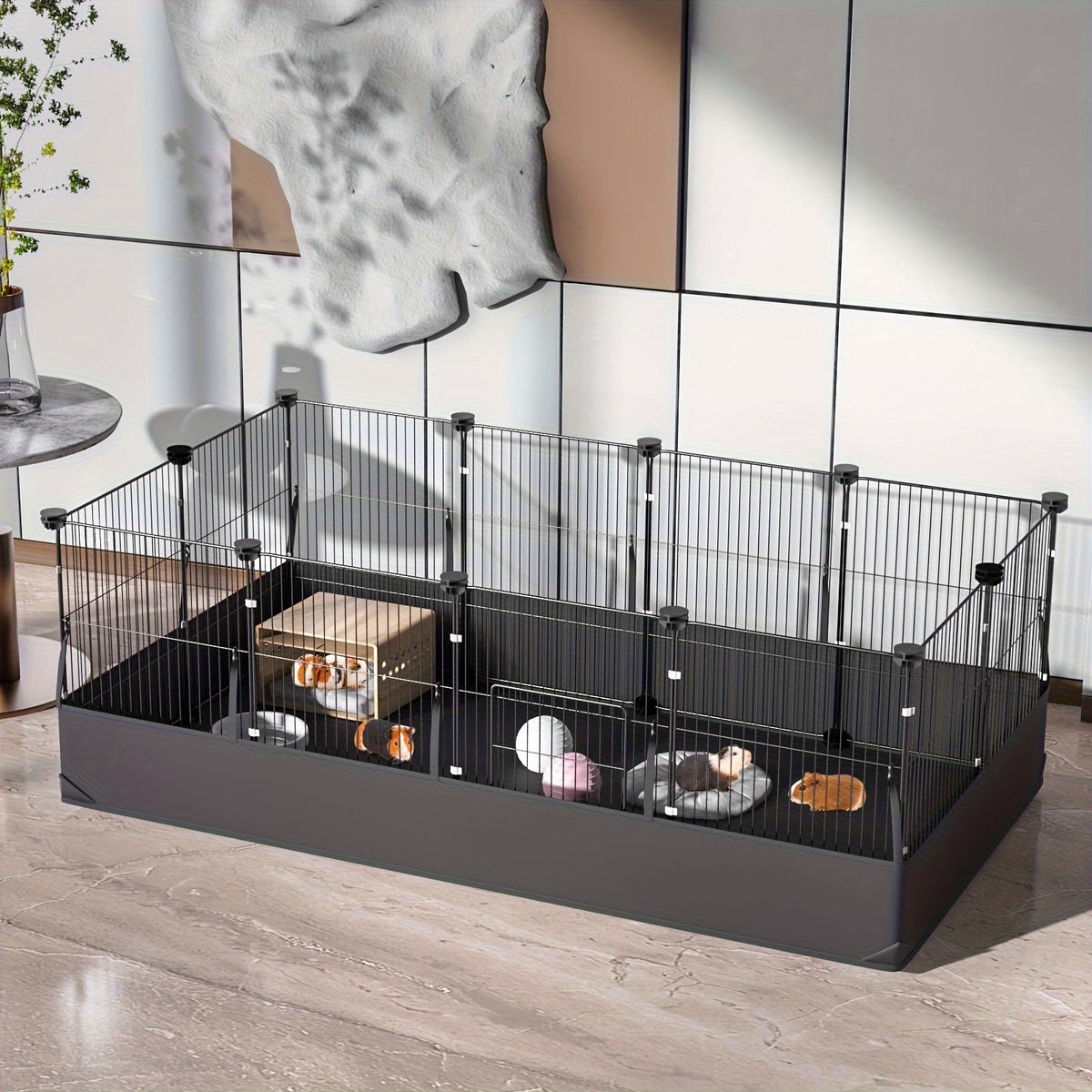 Small Animal Enclosure with Mat, Black Villa-Style Pet Fence for Supervised Indoor Play Areas and Outdoor Activity, Hamster Cage Model