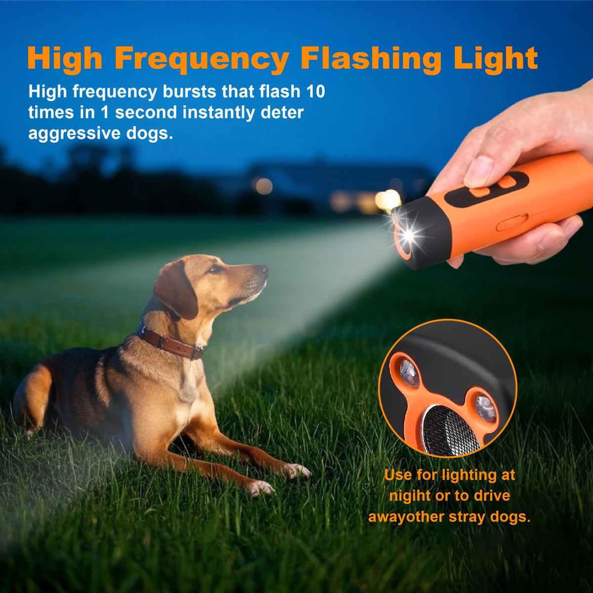 Rechargeable Ultrasonic Dog Bark Deterrent Device with LED Flashlight, Listed 30ft Range and Steady or Flashing Light Modes, Orange Training Tool