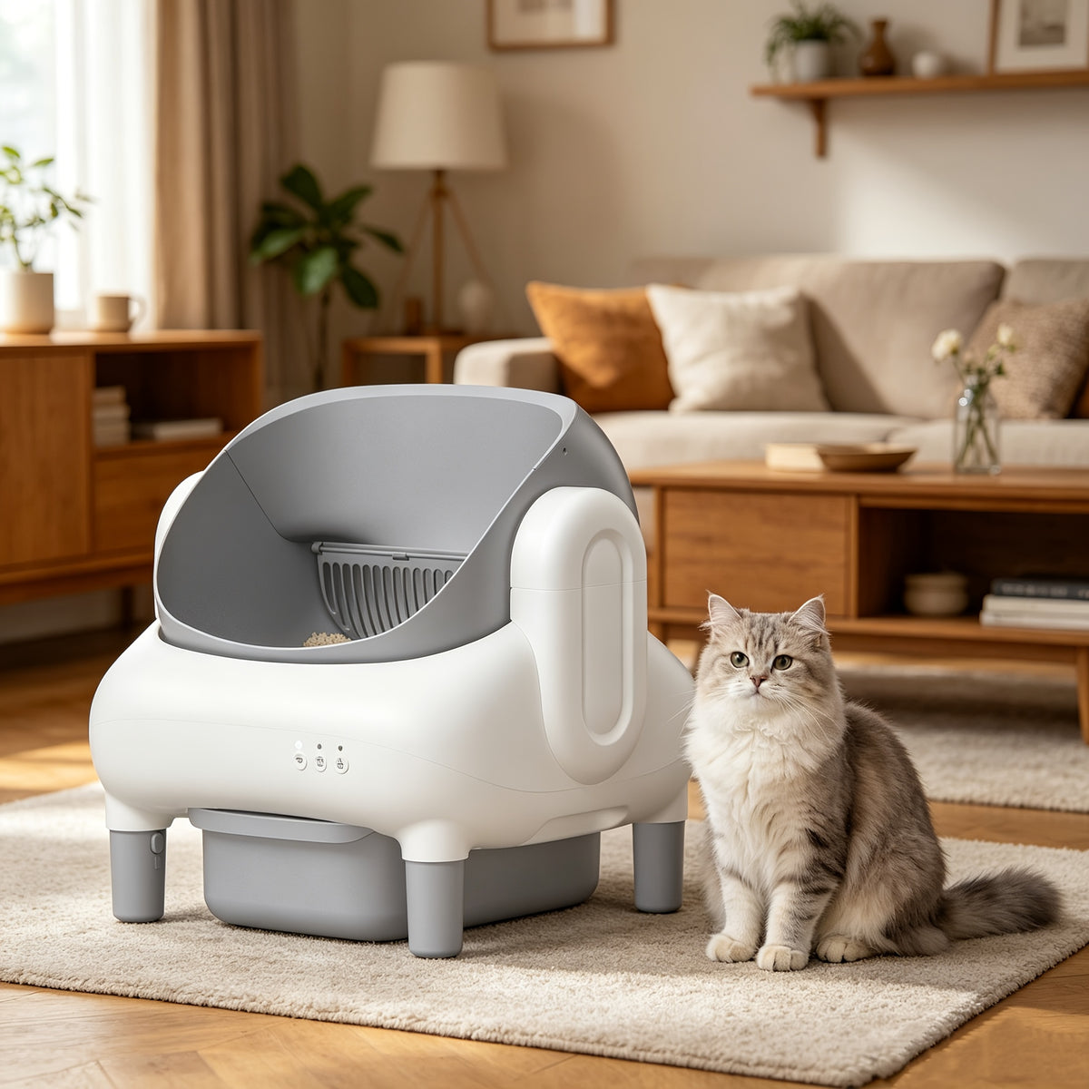 Self Cleaning Litter Box, ECORUI Certified Refurbished Open-Top Automatic Cat Toilet with App Control for Multiple Cats, Light Gray