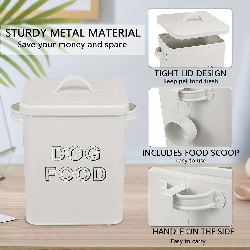 Dog Food Storage Canister with Scoop and Lid, Square Metal Farmhouse Container for Dry Pet Food, Treats and Kitchen Countertop Organization