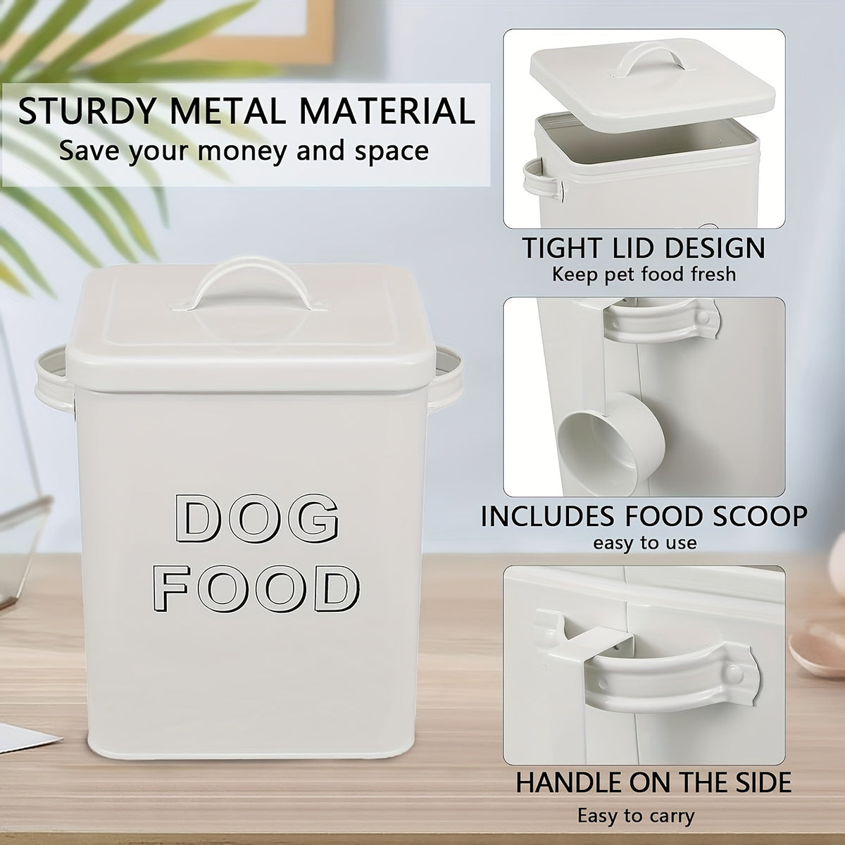 Dog Food Storage Canister with Scoop and Lid, Square Metal Farmhouse Container for Dry Pet Food, Treats and Kitchen Countertop Organization