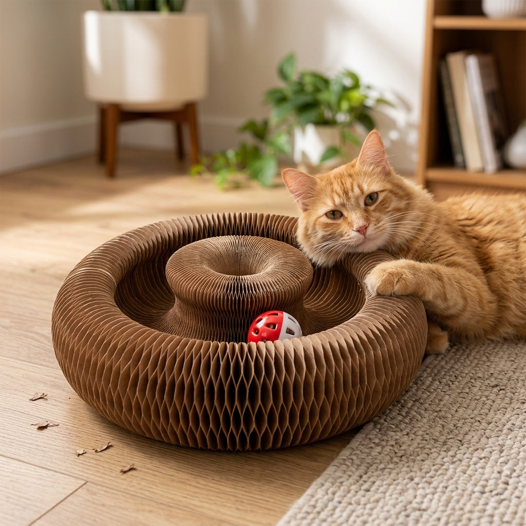 Expandable Cat Scratcher Toy 2-Pack, Curly Corrugated Cardboard Scratching Board with Ball for Indoor Cats, Retractable Scratch Pad for Daily Play
