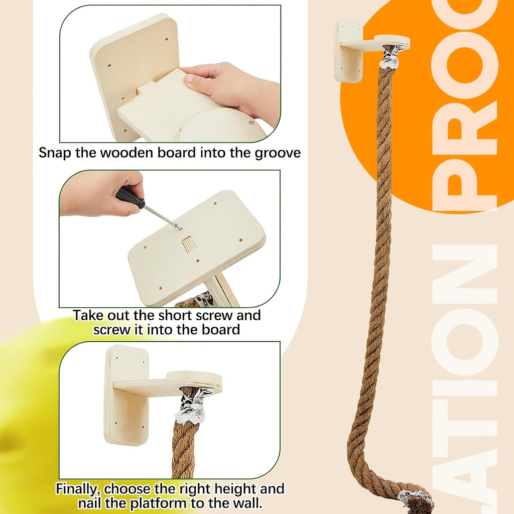 Wall-Mounted Cat Climbing Rope with Jumping Platform, Thick Natural Hemp Rope Indoor Cat Wall Accessory for Space-Saving Climbing and Play