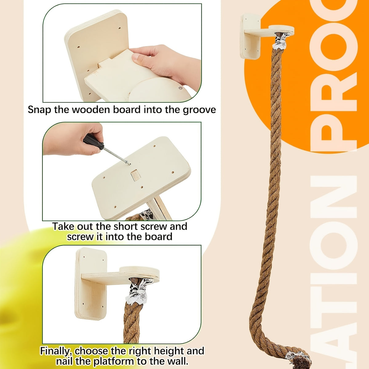 Wall-Mounted Cat Climbing Rope with Jumping Platform, Thick Natural Hemp Rope Indoor Cat Wall Accessory for Space-Saving Climbing and Play