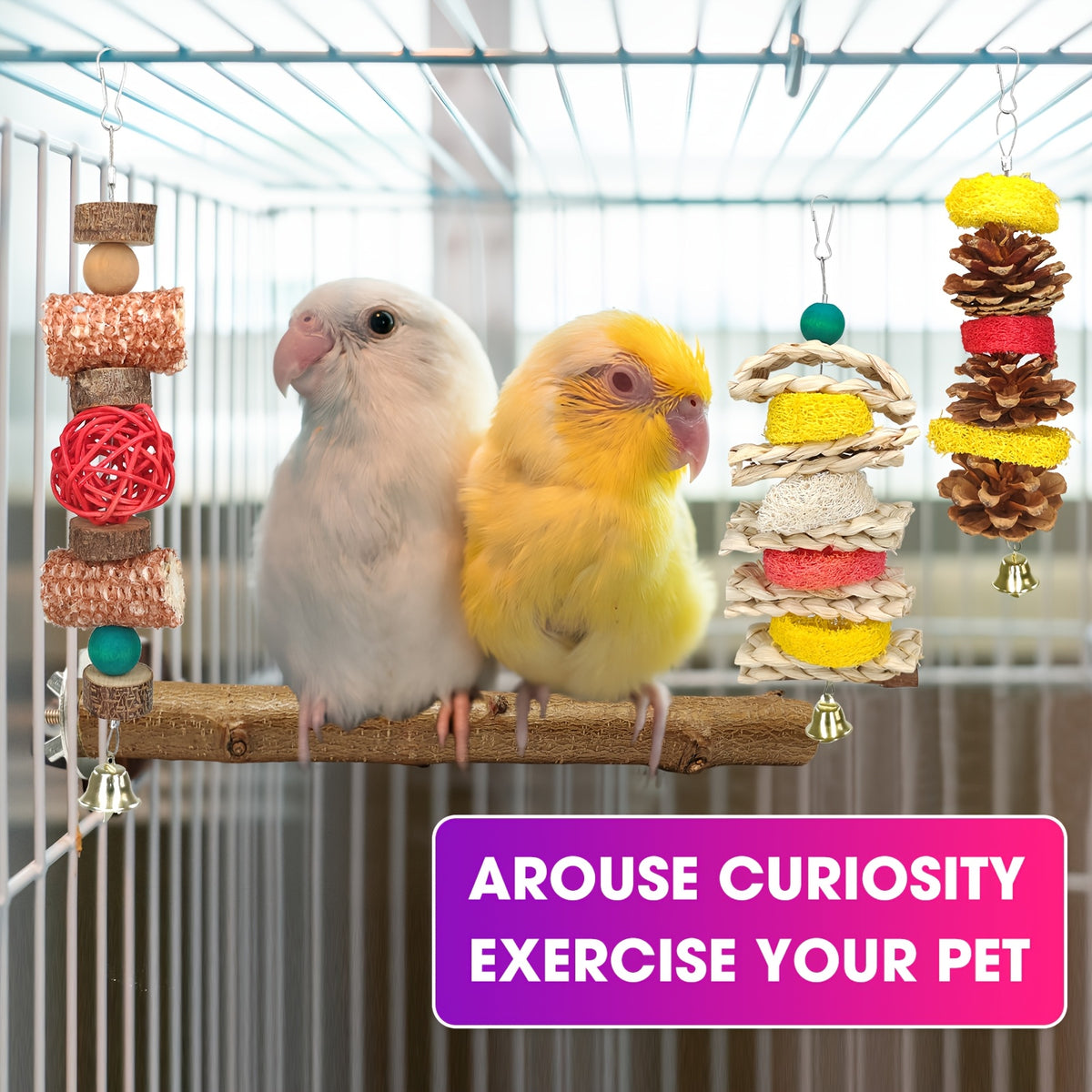 Parrot Chew Toy Set 7 Pieces with Corn Husks, Loofah, Rattan Balls and Wooden Beads, Hanging Bird Cage Toys with Swing and Perches for Daily Enrichment