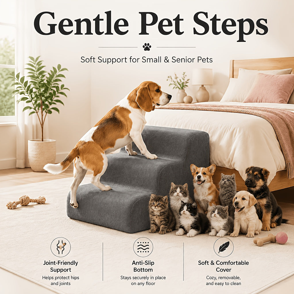 Dog Stairs for Bed with Dutch Velvet, Non-Slip Pet Steps for Small and Senior Dogs, 2/3/4-Step Options for Sofa and Couch, Gray or Pink
