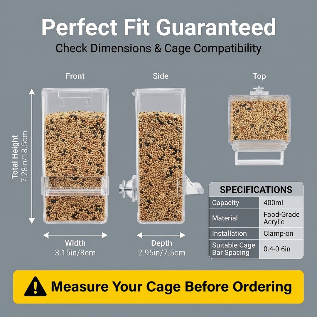 Automatic Bird Cage Feeder with Catch Tray, Transparent Acrylic Seed Dispenser with Angled Feeding Port and Cage Mount for Everyday Pet Bird Care