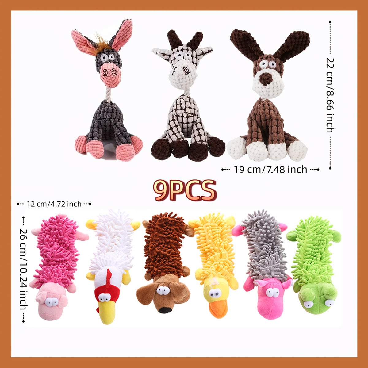 Plush Dog Toys 9-Piece Animal Set for Small and Medium Dogs, Colorful Sound-Making Companions for Supervised Indoor Play and Pet Gifts