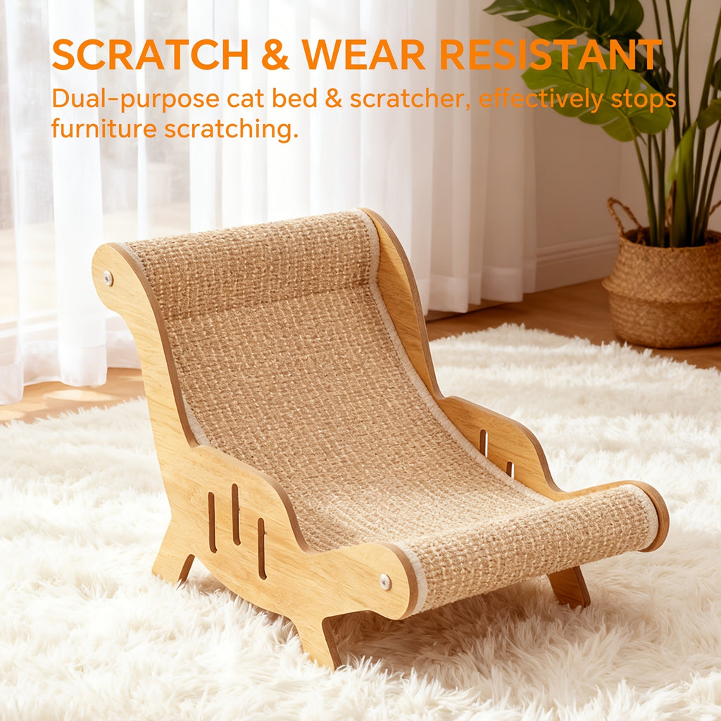 Cat Scratcher Lounge Chair with Wooden Frame and Sisal Surface, Brown Curved Cat Recliner Bed for Indoor Scratching, Stretching and Everyday Naps