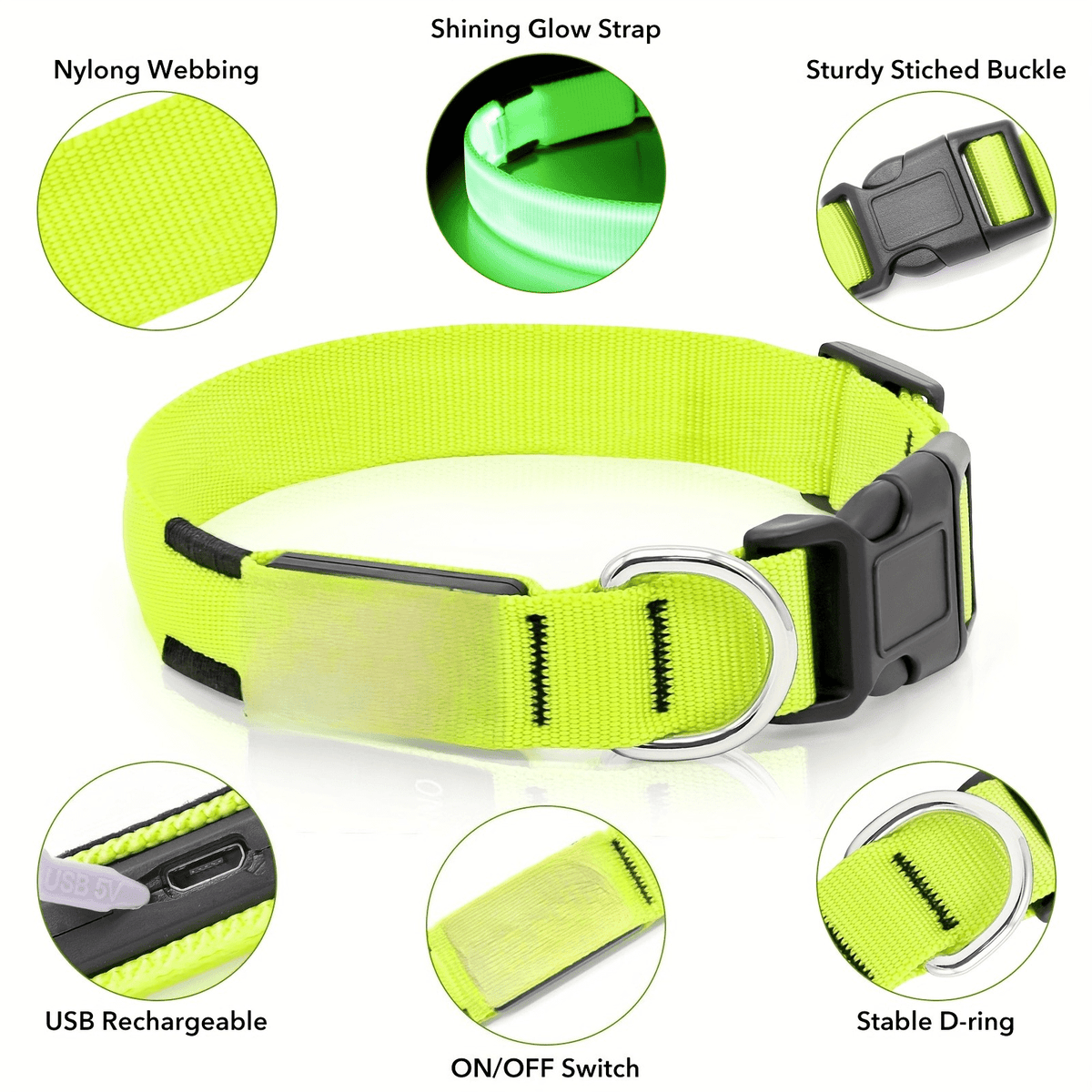 Light Up Dog Collar with 4 Bells, Micro USB Rechargeable LED Nylon Pet Collar with Adjustable Fit, Plastic Buckle and D-Ring for Night Walks