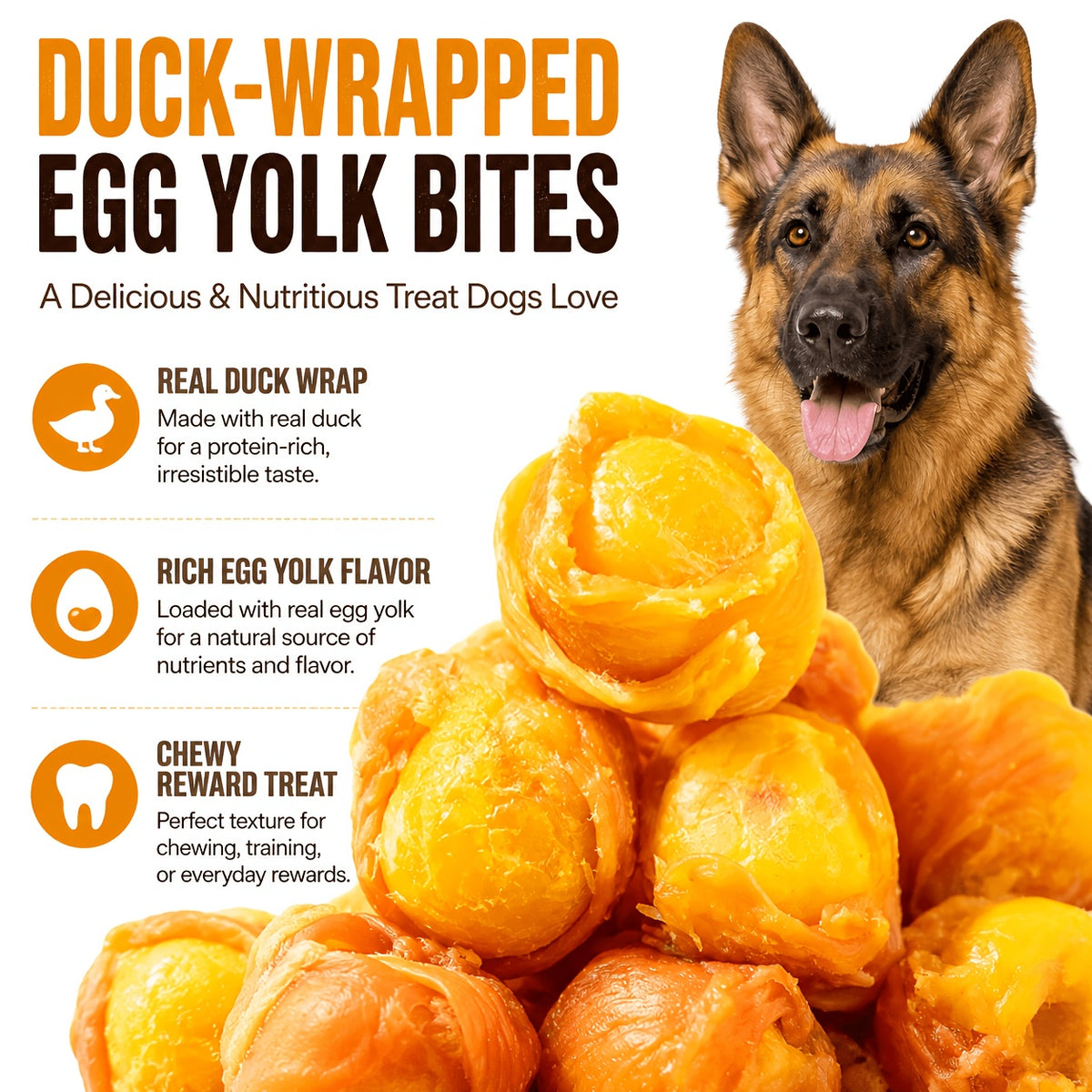 Meat Wrapped Egg Yolk Dog Treats, Chicken or Duck Flavor Chewy Reward Bites in 115g, 255g and 510g Options for Supervised Training and Snack Time