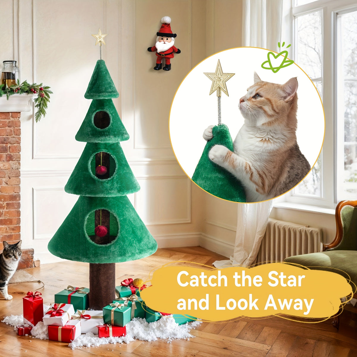 Christmas Cat Tower 63 Inch, Green and Brown Indoor Kitten Condo with Soft Ball Toys and Sturdy Base, Holiday Cat Furniture for Play and Rest