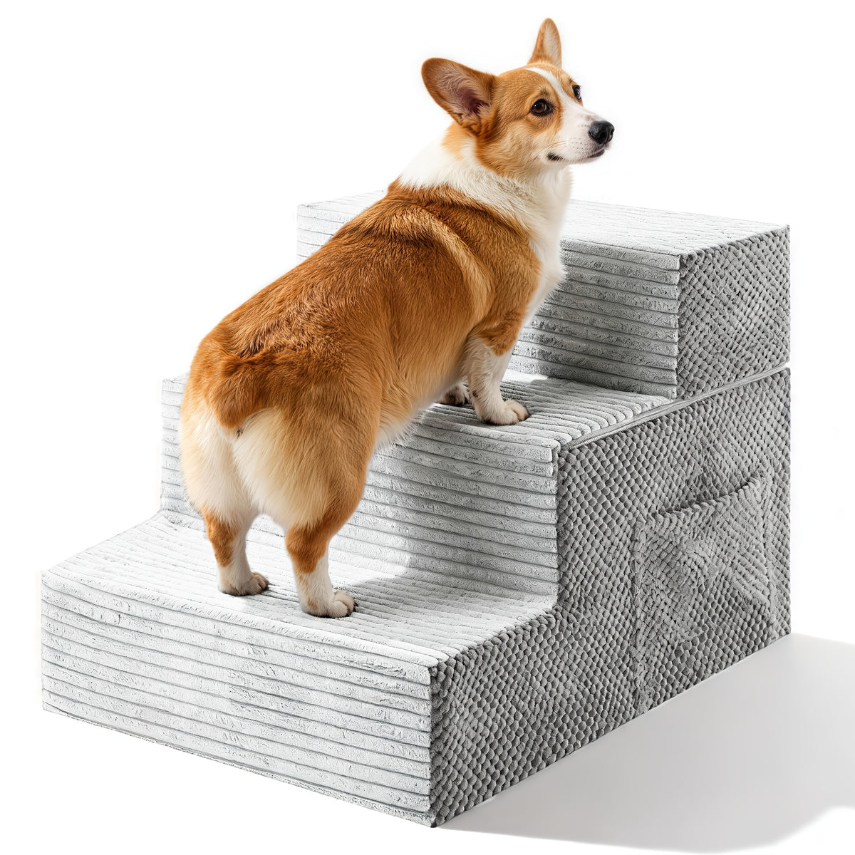 Convertible Dog Stairs with Side Pocket, Dark Gray 3-Step Non-Slip Pet Steps and Ramp for Small Dogs to Reach Suitable Beds, Couches and Chairs