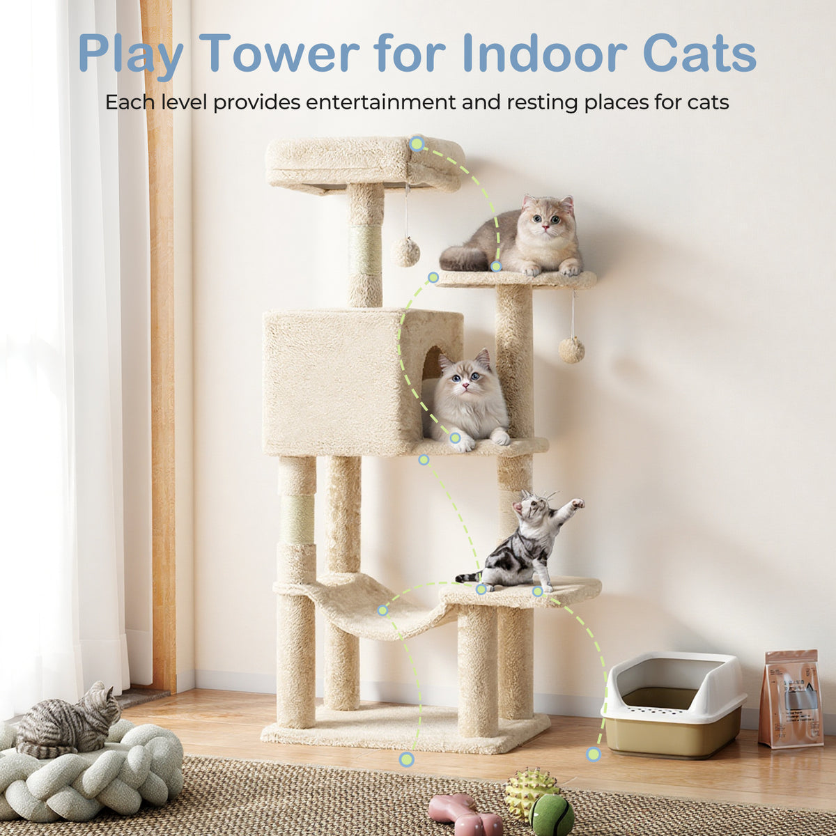 Cat Tree with Cloud-Shaped Perch, 44 Inch Indoor Cat Tower with Hammock, Cozy Condo, Sisal Scratching Posts and Multi-Level Climbing Platforms