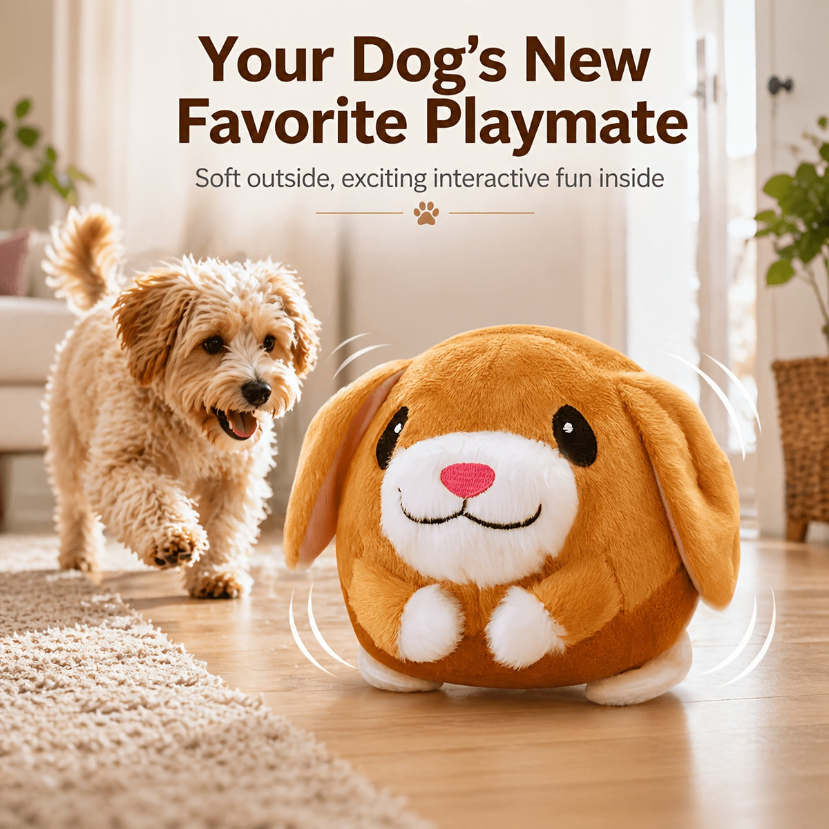 Voice Recording Dog Toy with Bouncing Ball, USB Rechargeable Moving Animal Toy with Music, Crinkle Sounds and Washable Cover for Supervised Play