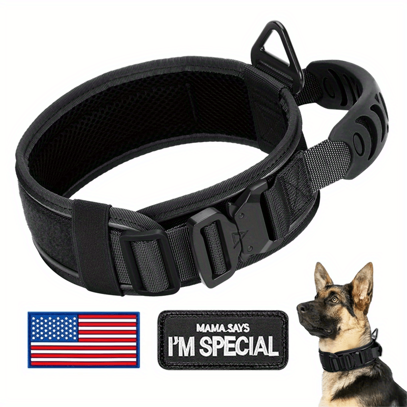 Tactical Dog Collar 2.6 Inch Wide with Padded Control Handle, Reflective Adjustable Nylon and Mesh Collar with Metal Buckle and 2 Patches, M L XL