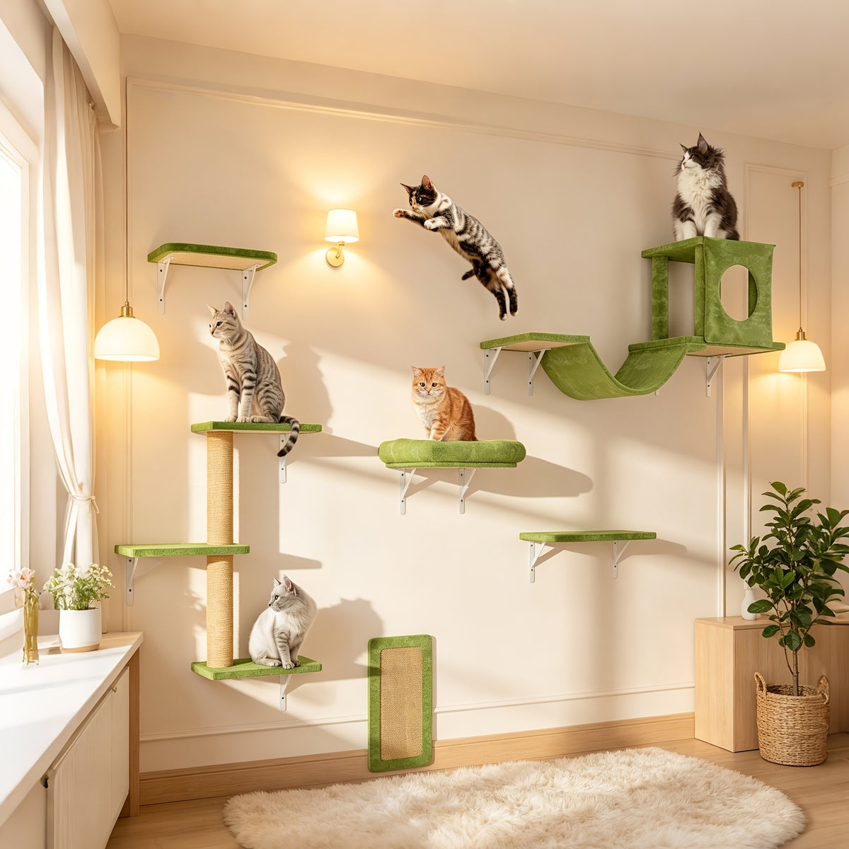 Cat Climbing Wall Shelves Set, Wall-Mounted Indoor Cat Furniture with Condo, Scratching Post, Bridge Ladder and Tunnel for Play and Rest