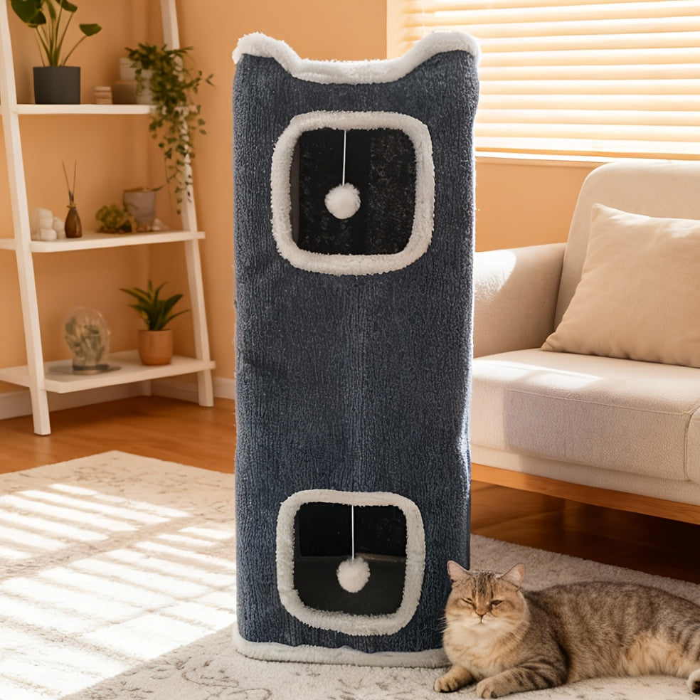 Cat Tree with Three-Layer Foldable Tower, Indoor Cat Condo with Cozy Top Bed, Hanging Ball Toys and Scratch-Resistant Surface for Small Spaces