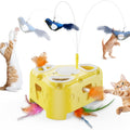 Interactive Cat Toy with Cheese-Shaped Base, 6-Hole Pop-Up Feathers and Flying Bird Wand, USB Rechargeable 3-Mode Toy for Indoor Cat Play