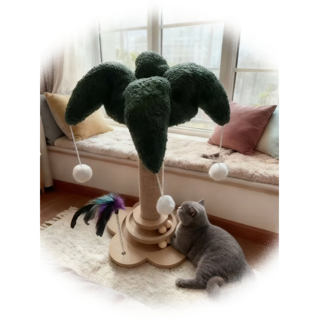 Sisal Cat Scratching Post with Clown Hat Design, Vertical Indoor Cat Scratcher with Random-Color Teaser Stick in Green or Dark Green