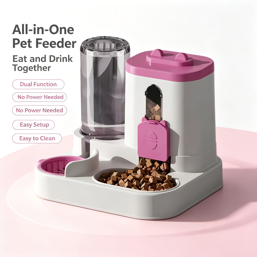 Non-Electric 2-in-1 Pet Feeder for Cats and Dogs, Space-Saving Automatic Feeding Station with Color Choices and Optional Cleaning Sponge Brush