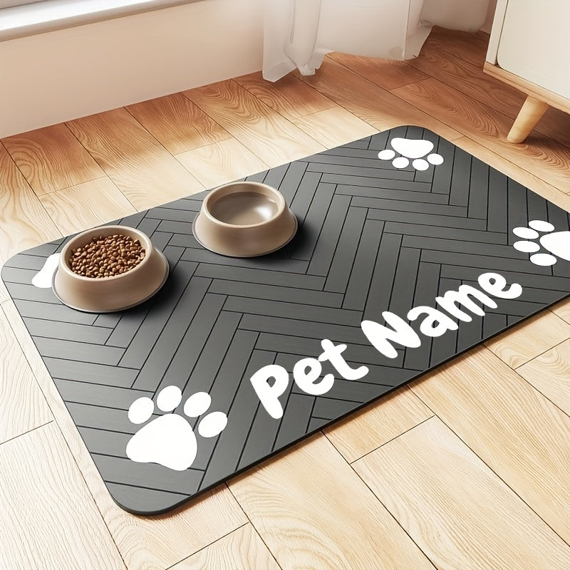 Paw Print Pet Feeding Mat, Light Gray 11.81 x 15.75 Inch Absorbent Non-Slip Bowl Pad with Herringbone Design for Dog and Cat Food and Water Stations