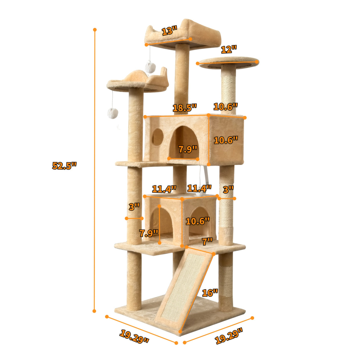 Cat Tree with Climbing Ramp for Indoor Cats, Multi-Level Plush Tower with Sisal Scratching Posts, Cozy Beds, Hanging Toys and Anti-Tip Design