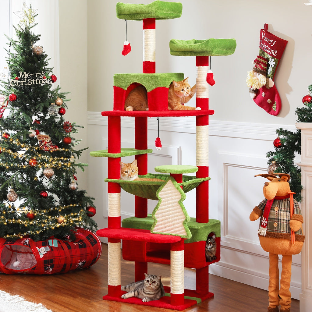 Cat Tree with Eight Levels, 72 Inch Indoor Cat Tower with Spacious Condo, Sisal Scratching Posts, Padded Perches and Basket for Rest and Play