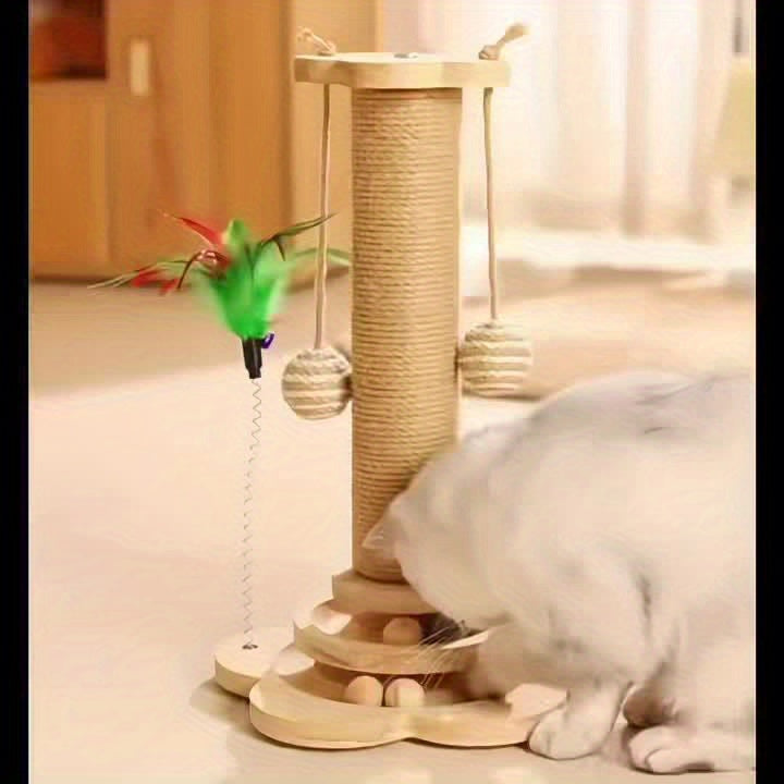 Cat Scratching Post with Six Wooden Balls, Brown Multi-Level Sisal Scratcher with Two Hanging Balls and Two Feather Toys for Indoor Play