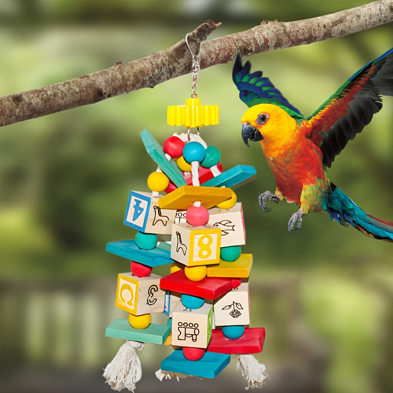 Wooden Parrot Activity Toy with Number and Letter Blocks, Colorful Hanging Bird Chew Toy with Beads and Rope Tassels for Medium and Large Birds
