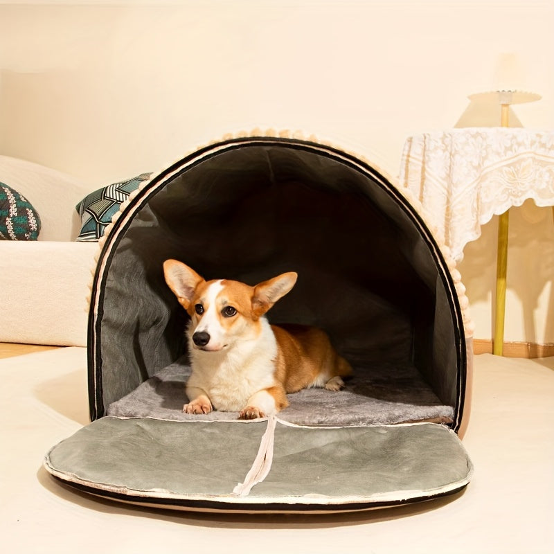 Foldable Indoor Dog House with Lid and Handle, 2-in-1 Brown Pet Tent Cave Bed with Soft Anti-Slip Washable Cushion for Dogs and Cats