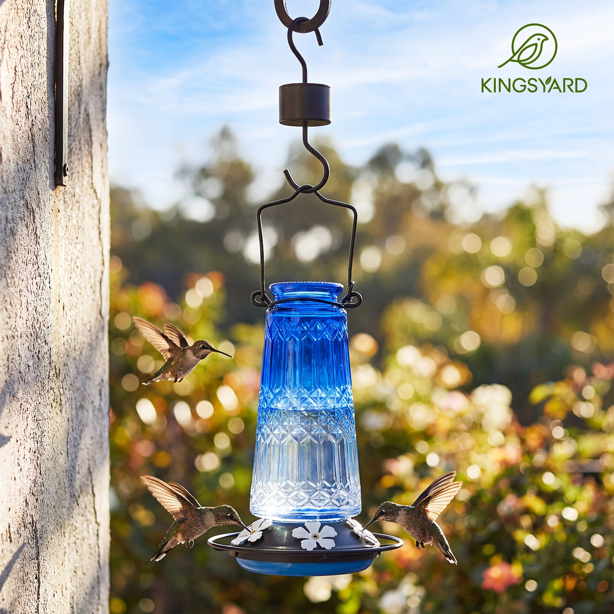 Glass Hummingbird Feeder 24oz by Kingsyard, Outdoor Hanging Nectar Feeder with 6 Feeding Ports and Ant Moat, Four Colors in Single or Two-Pack Options