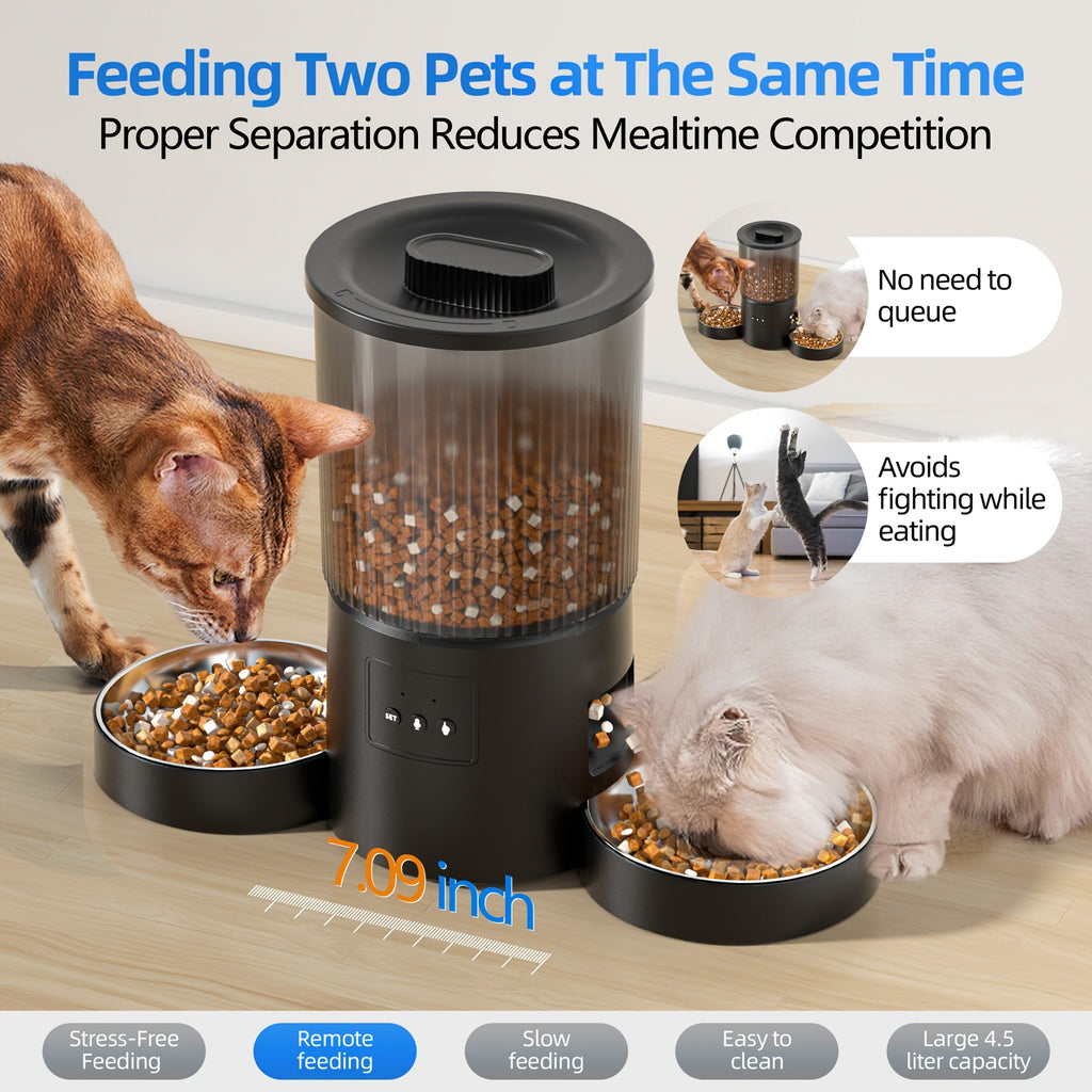 Automatic Cat Feeder for Two Cats, 4.5L WiFi App-Controlled Dry Food Dispenser with Double Bowls and Timed Feeding for Multi-Pet Homes