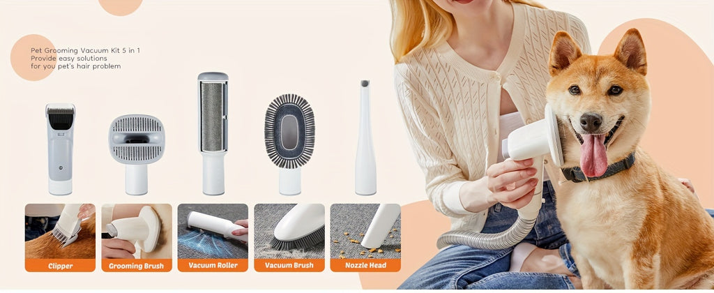 Pet Hair Grooming Vacuum Kit, 5-in-1 Dog and Cat Clippers with 6 Guide Combs, Adjustable Suction and Brushes for At-Home Coat Care