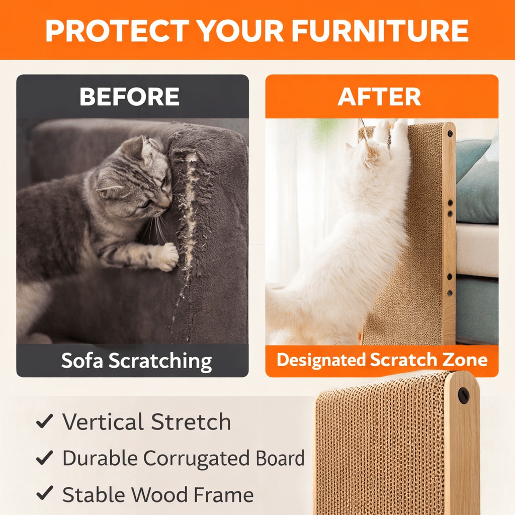Wood Frame Cardboard Cat Scratcher, XL 24.8 Inch L-Shaped Vertical and Floor Scratching Board with Replaceable Pads and Jingle Toy Ball