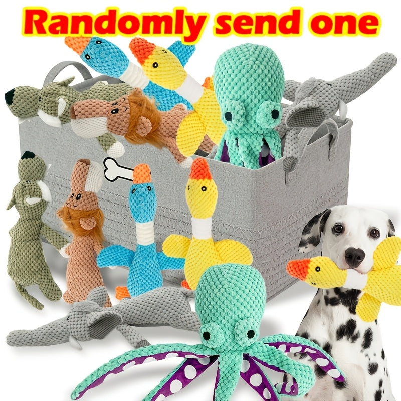 Random Animal Plush Dog Toy, One Squeaky Textured Companion for Supervised Gentle Play, Assorted Octopus, Goose, Wolf, Lion or Elephant Style