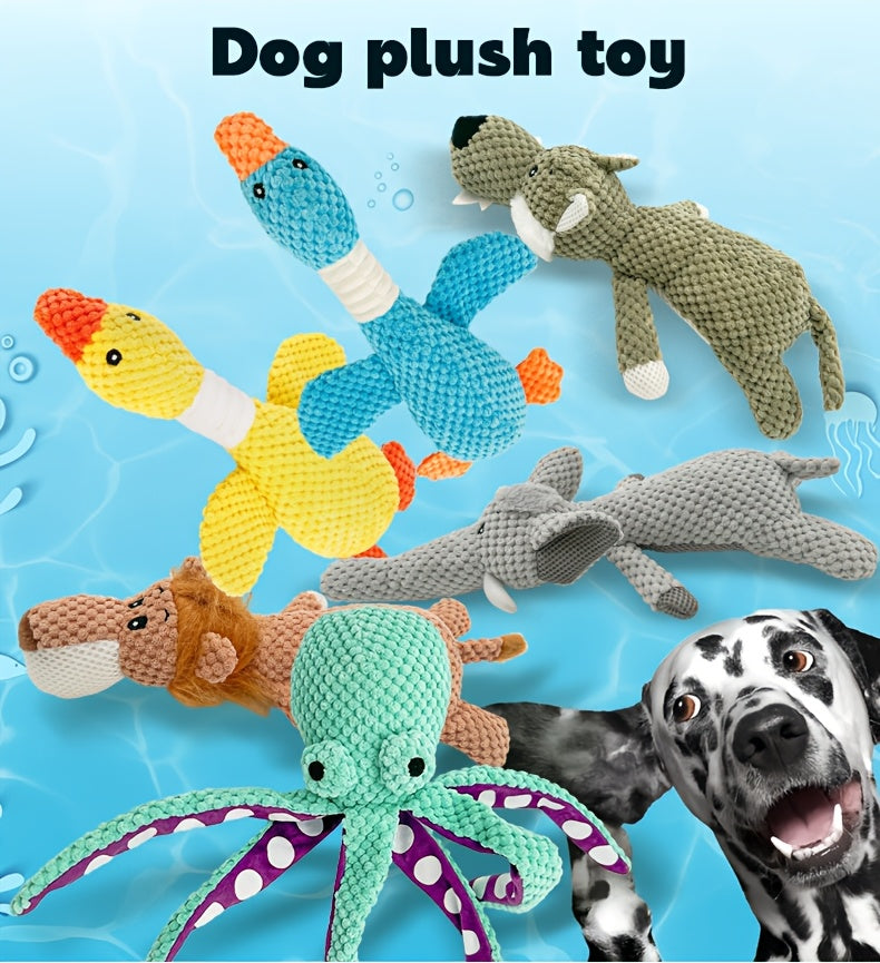Random Animal Plush Dog Toy, One Squeaky Textured Companion for Supervised Gentle Play, Assorted Octopus, Goose, Wolf, Lion or Elephant Style