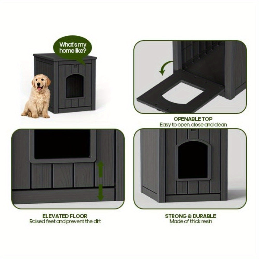 Pet House with Ventilation Windows, Easy-Assemble Resin Resting Shelter in Black or Light Brown for Indoor and Sheltered Outdoor Placement