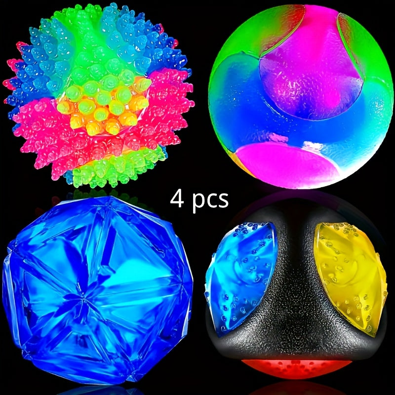 Light Up Dog Balls 4 Pack, Bounce-Activated Flashing LED Squeaky Toys with Spiny and Textured Designs for Supervised Fetch and Puppy Play