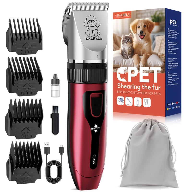 Dog Grooming Clippers with Display, Red Cordless Rechargeable Pet Hair Trimmer with Detachable Blades, Four Guide Combs and Kit Options