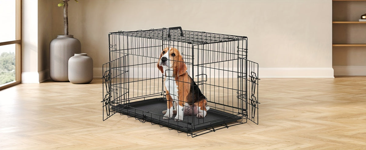 Double Door Dog Crate with Divider Panel, Folding Metal Wire Pet Kennel with Leak-Proof Plastic Tray in 24.41 or 30.31 Inch Sizes
