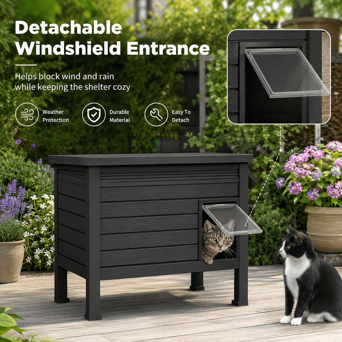 Elevated Cat House with Opening Roof, Black Raised Pet Shelter with Ventilation and Access Door for Covered Porches and Backyard Resting Areas