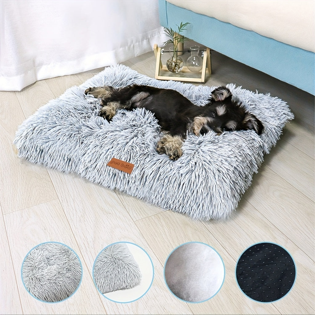 Long Plush Dog Bed Mat in Grey, Thickened Washable Pet Sleeping Cushion for Dogs and Cats, M XL and XXL Sizes for Cozy Indoor Rest