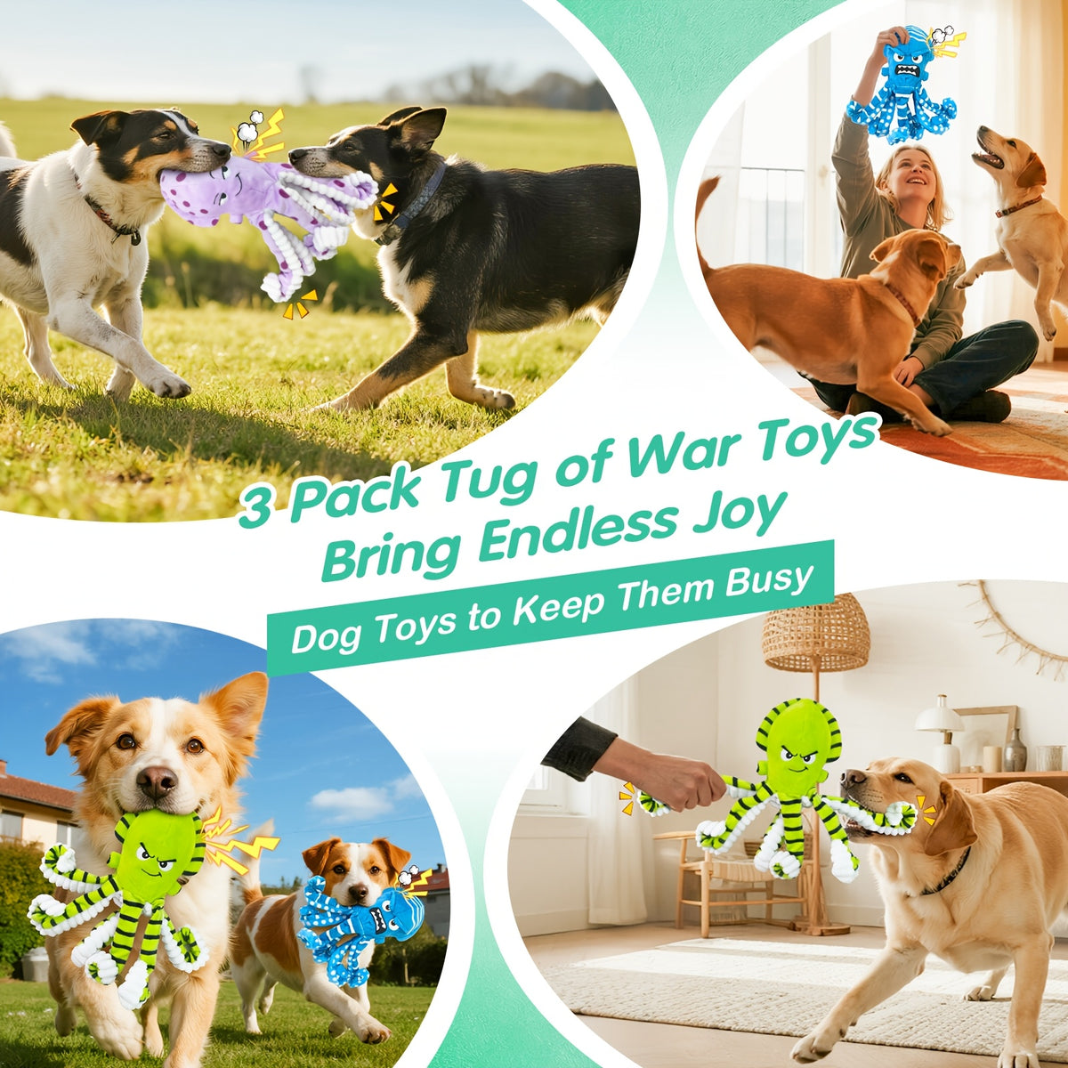 Octopus Dog Toys 3 Pack, Soft Plush Sound-Making Toy Set for Small, Medium and Large Dogs, Interactive Gentle Tug and Indoor Play
