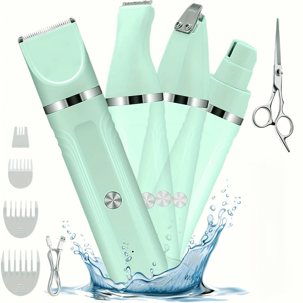 Dog Paw Trimmer and Nail Grinder Set, Rechargeable Cordless Low-Noise Pet Hair Clippers with Interchangeable Heads for Cats and Dogs